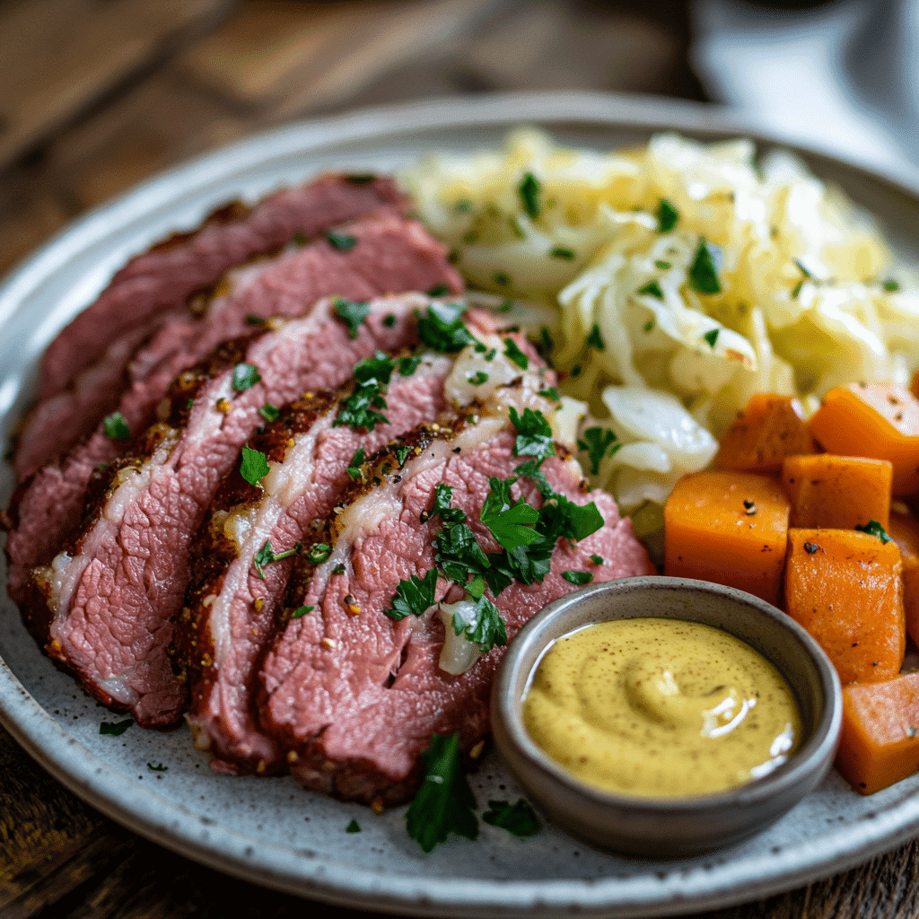 Plated slow cooker corned beef and cabbage dinner