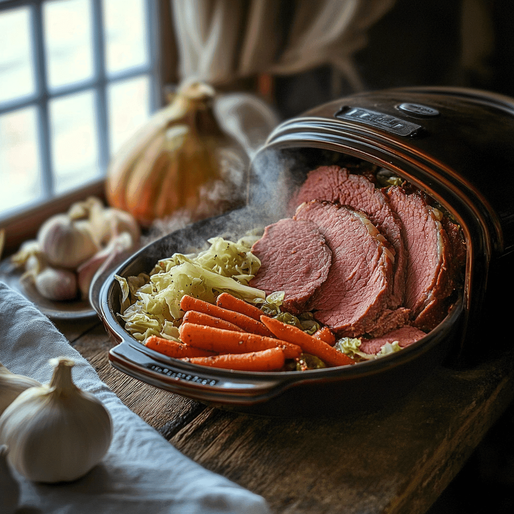 slow cooker corned beef recipe in rustic kitchen