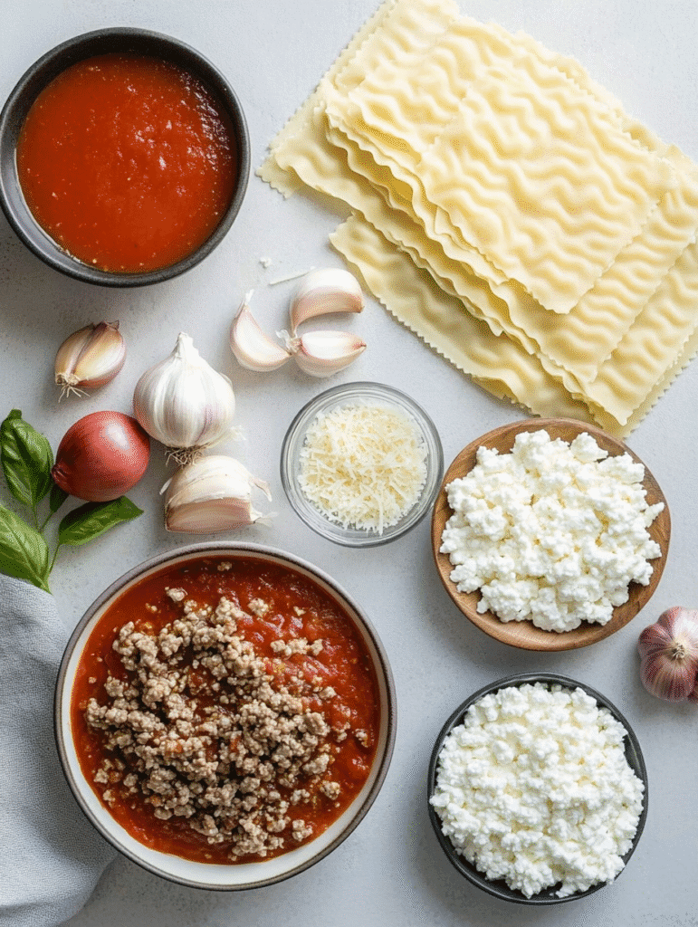 Slow cooker lasagna ingredients flat lay