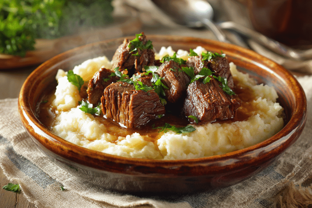 slow cooker steak served with mashed potatoes
