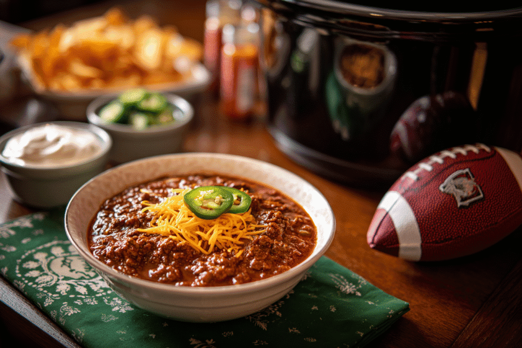 serving chili from football slow cooker