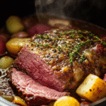 Corned beef simmering in a 4 qt slow cooker