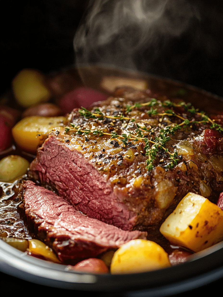 Corned beef simmering in a 4 qt slow cooker