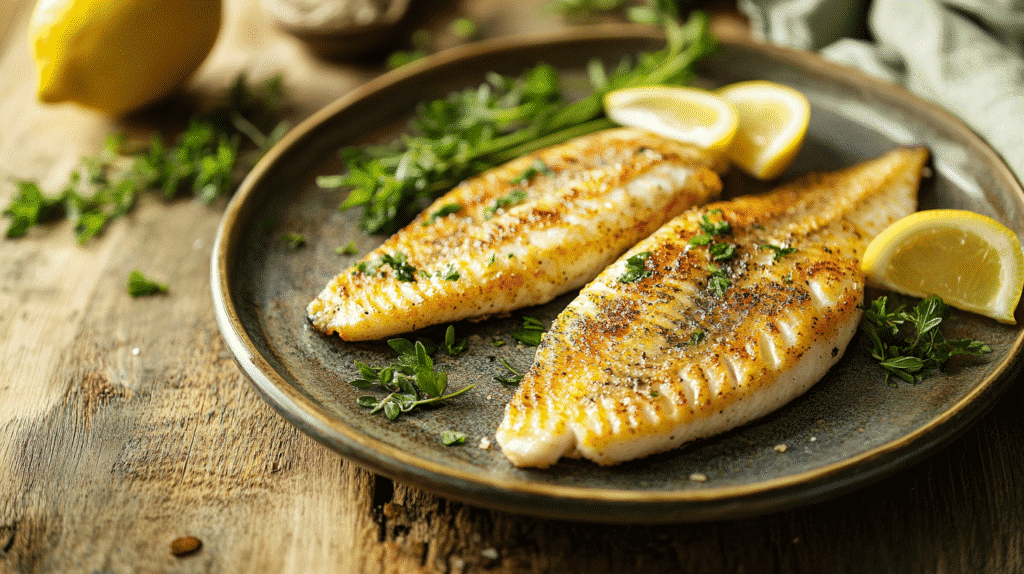 fried tilapia in air fryer served on rustic plate