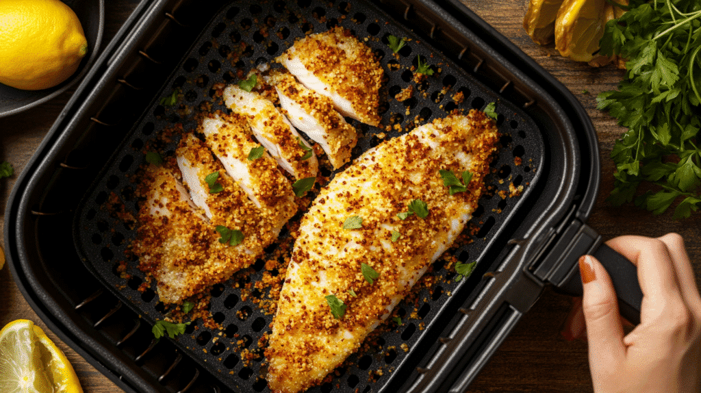 placing seasoned tilapia fillet in air fryer