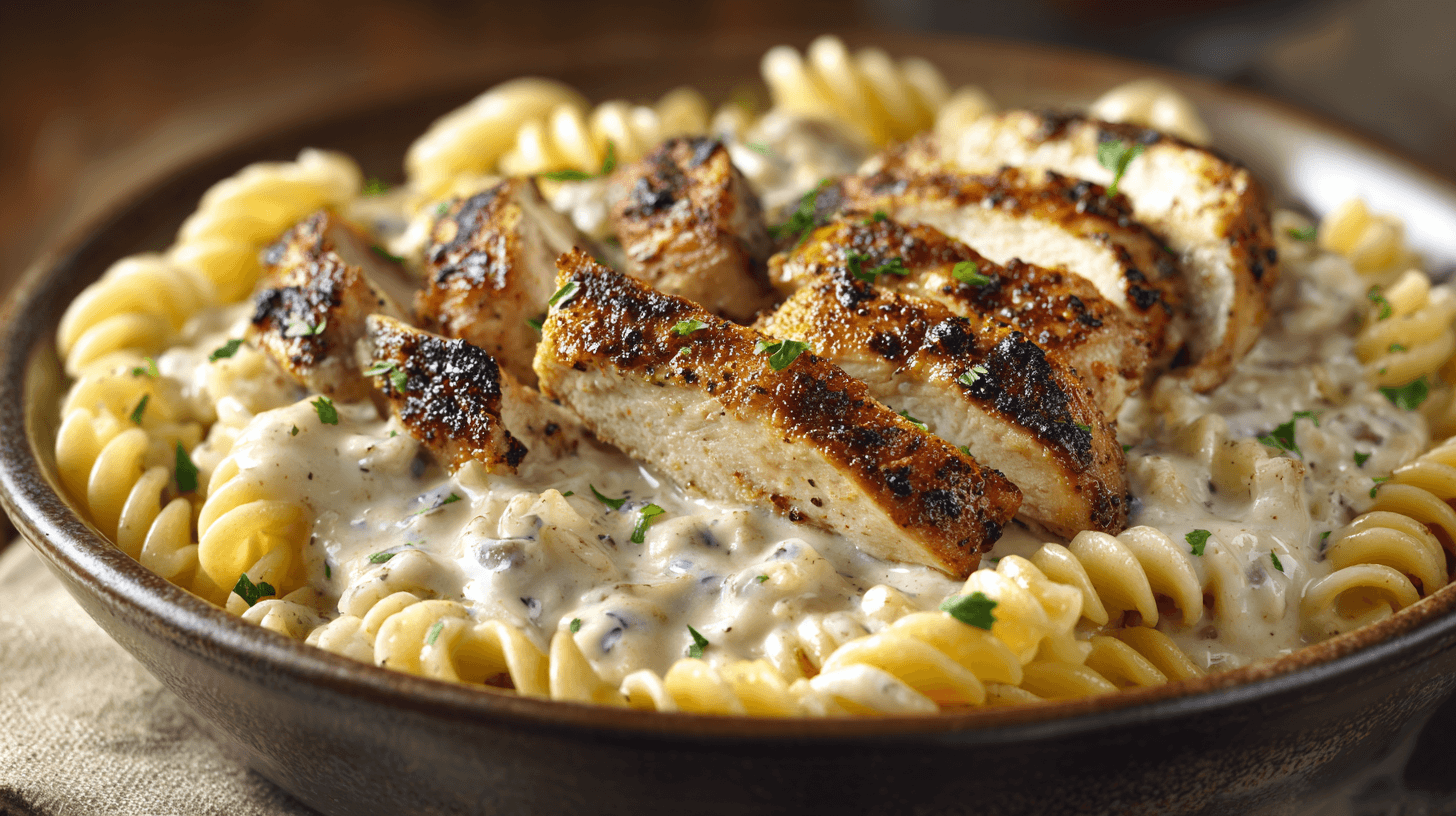 Blackened Chicken Alfredo Zatarain's in a rustic bowl