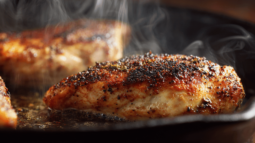 Blackened chicken cooking in skillet