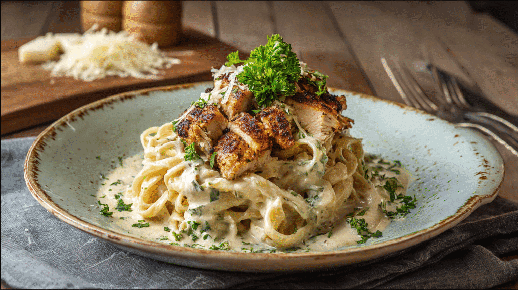 Served blackened chicken Alfredo Zatarain's style